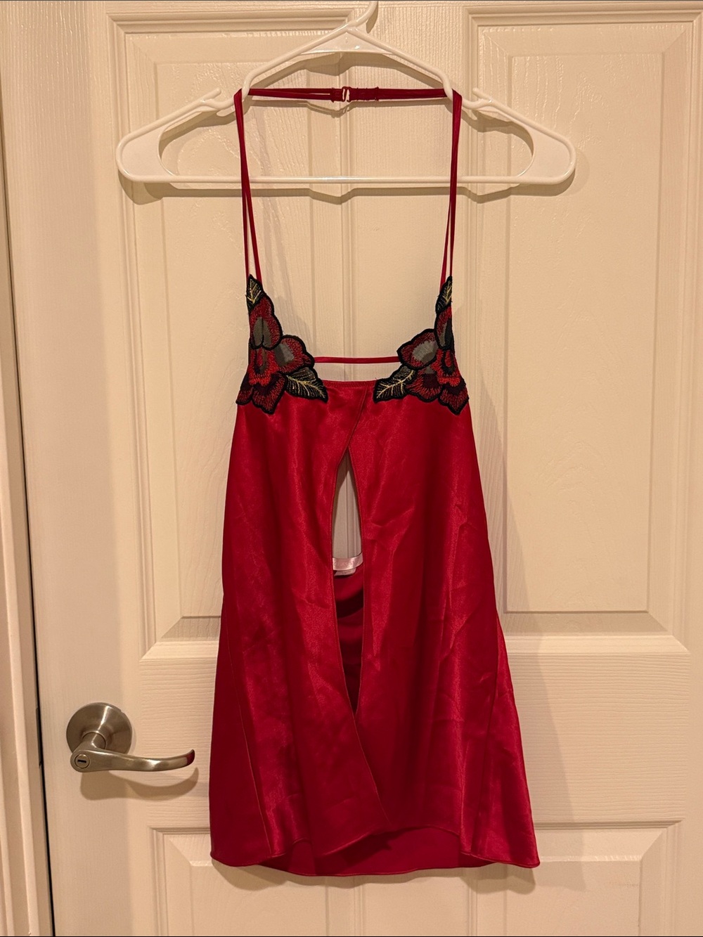 Victoria's Secret Red Satin Chemise top with Floral Lace Accents